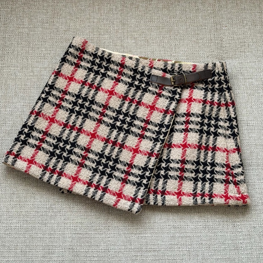 Burberry Wrap Skirt Classic Pattern Leather Buckle Strap Pleated Wool Girls 6
